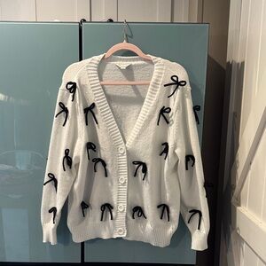 Cato White Cardigan Sweater with Black Bow Appliqués